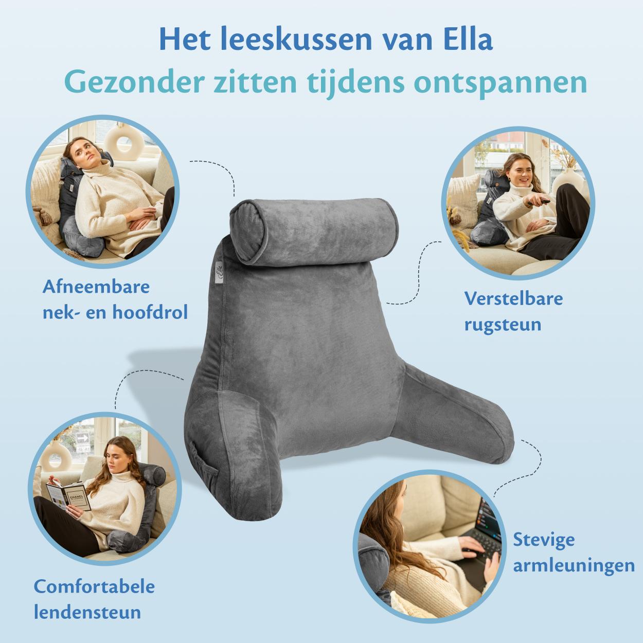 Afbeelding van het Ella Leeskussen, een rugleuning voor het bed, die comfort en stijl biedt voor een ontspannen leeservaring.