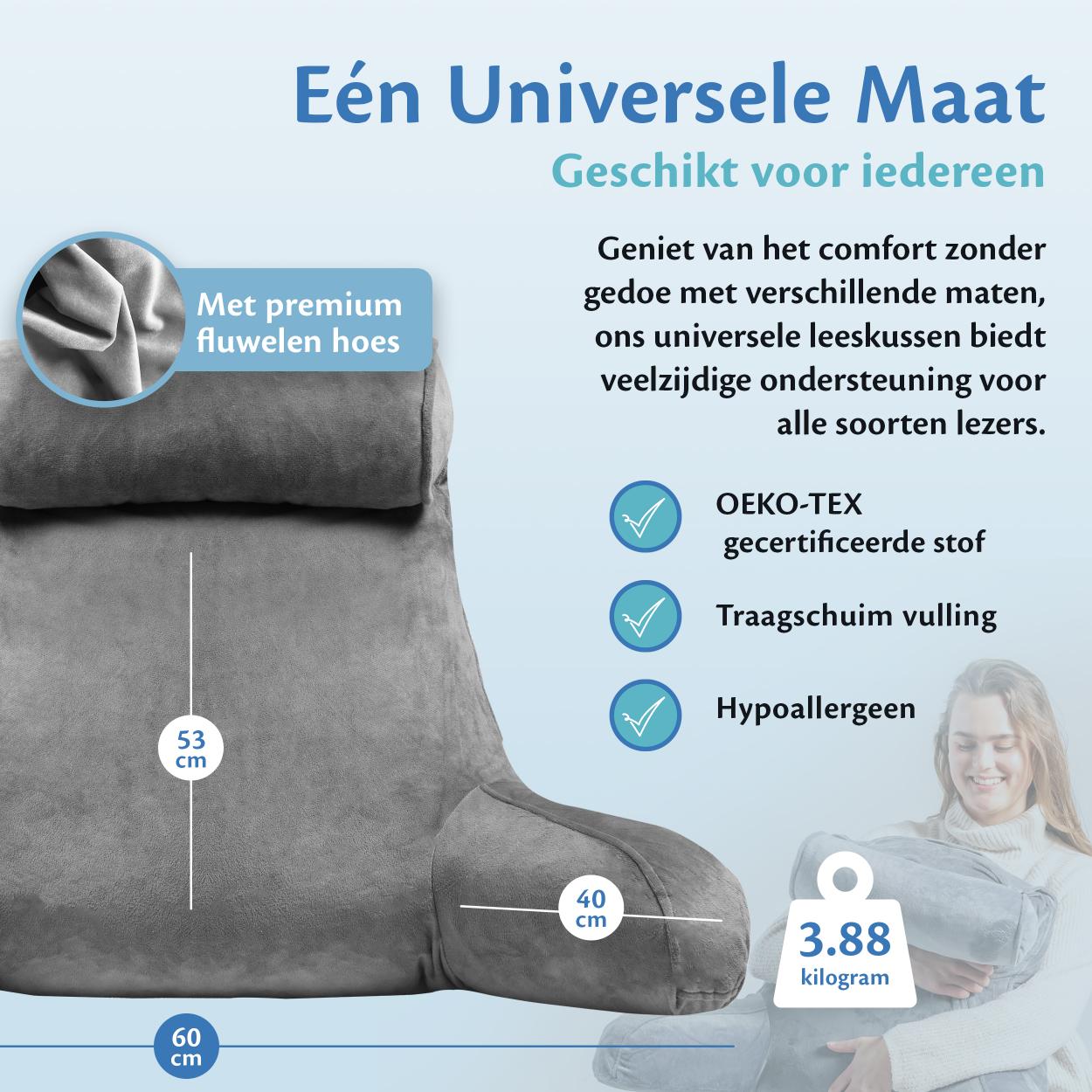 Een bed dat zijn kenmerken toont, met het Ella Leeskussen dat zorgt voor optimaal leescomfort.