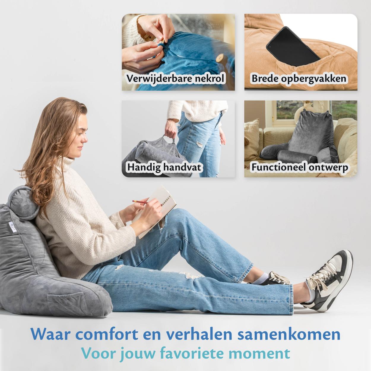 Een vrouw ontspant op de bank met een kussen en een Ella Leeskussen, klaar om te genieten van haar boek.