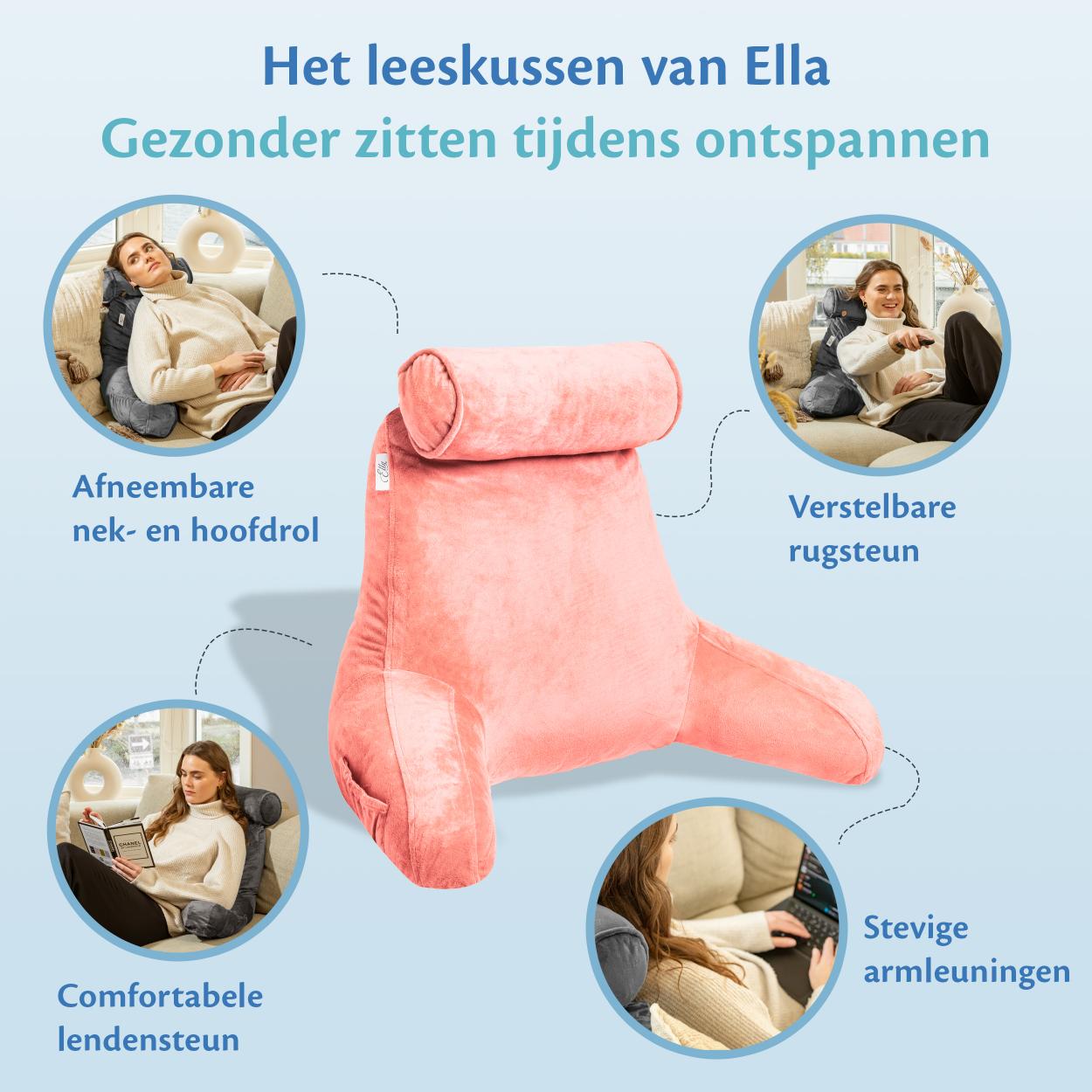 Ella Leeskussen afgebeeld, een rugleuning voor het bed die zorgt voor extra comfort tijdens het lezen of ontspannen.