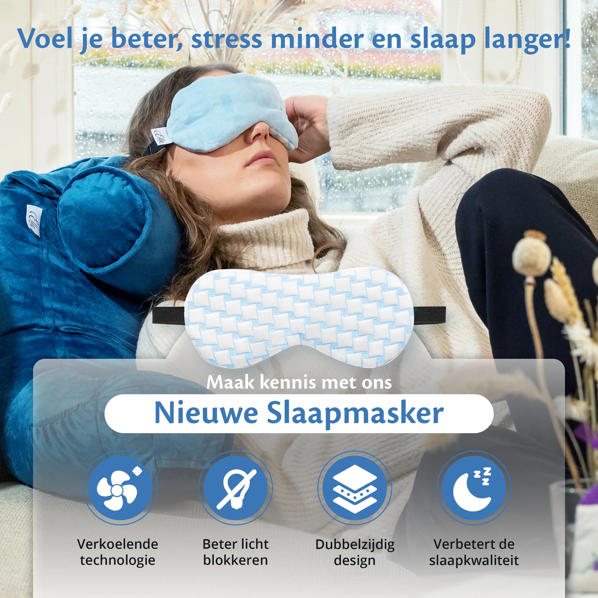 Een vrouw met een Ella Verzwaard slaapmasker ligt comfortabel op de bank, perfect voor een verkwikkende slaap.