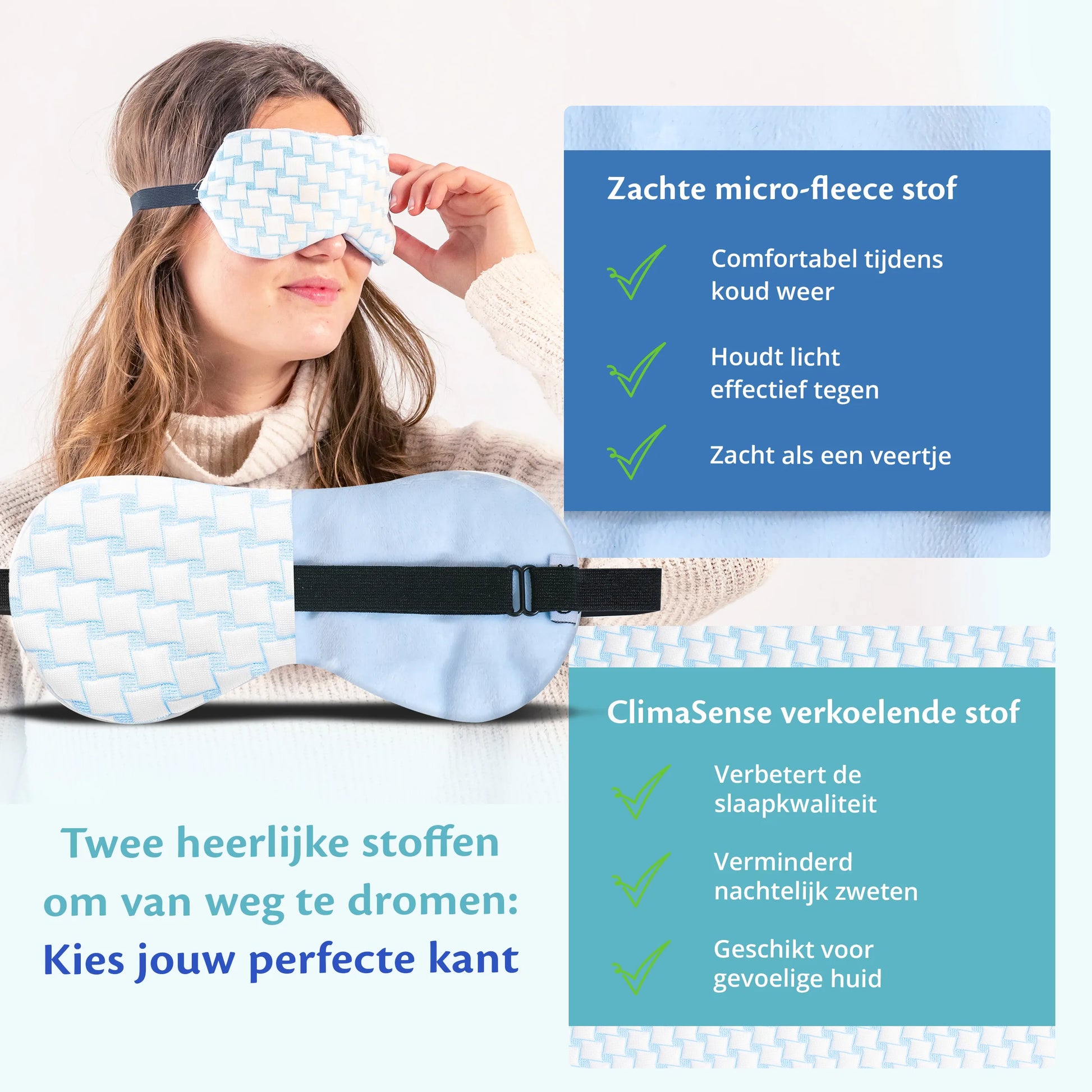 Vrouw in een slaapmasker met "twee manieren om te slapen", genietend van de luxe van twee zachte stoffen voor een goede nachtrust.