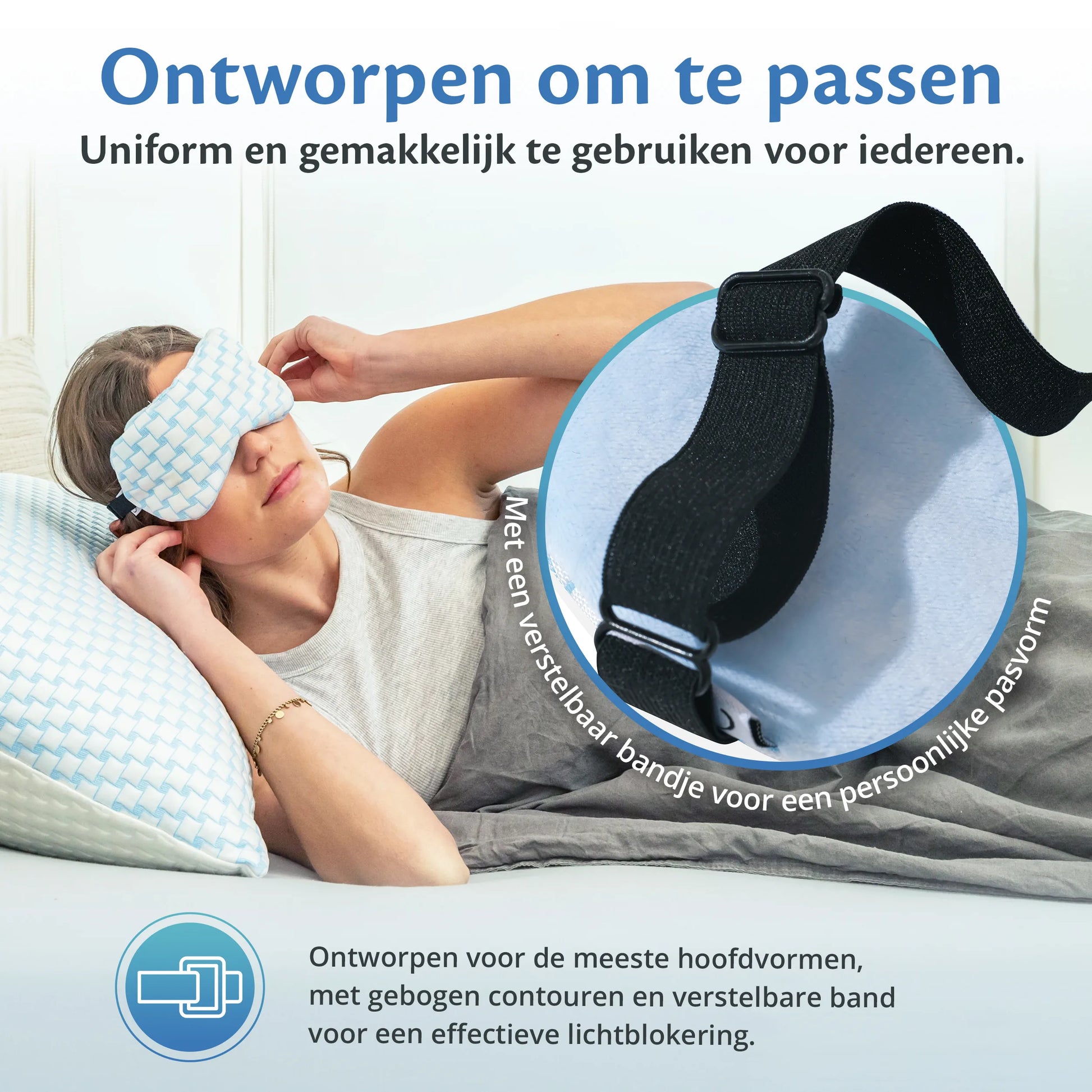 Een vrouw ligt ontspannen in bed met een kussen en kussensloop, terwijl ze het Ella Verzwaard slaapmasker draagt.