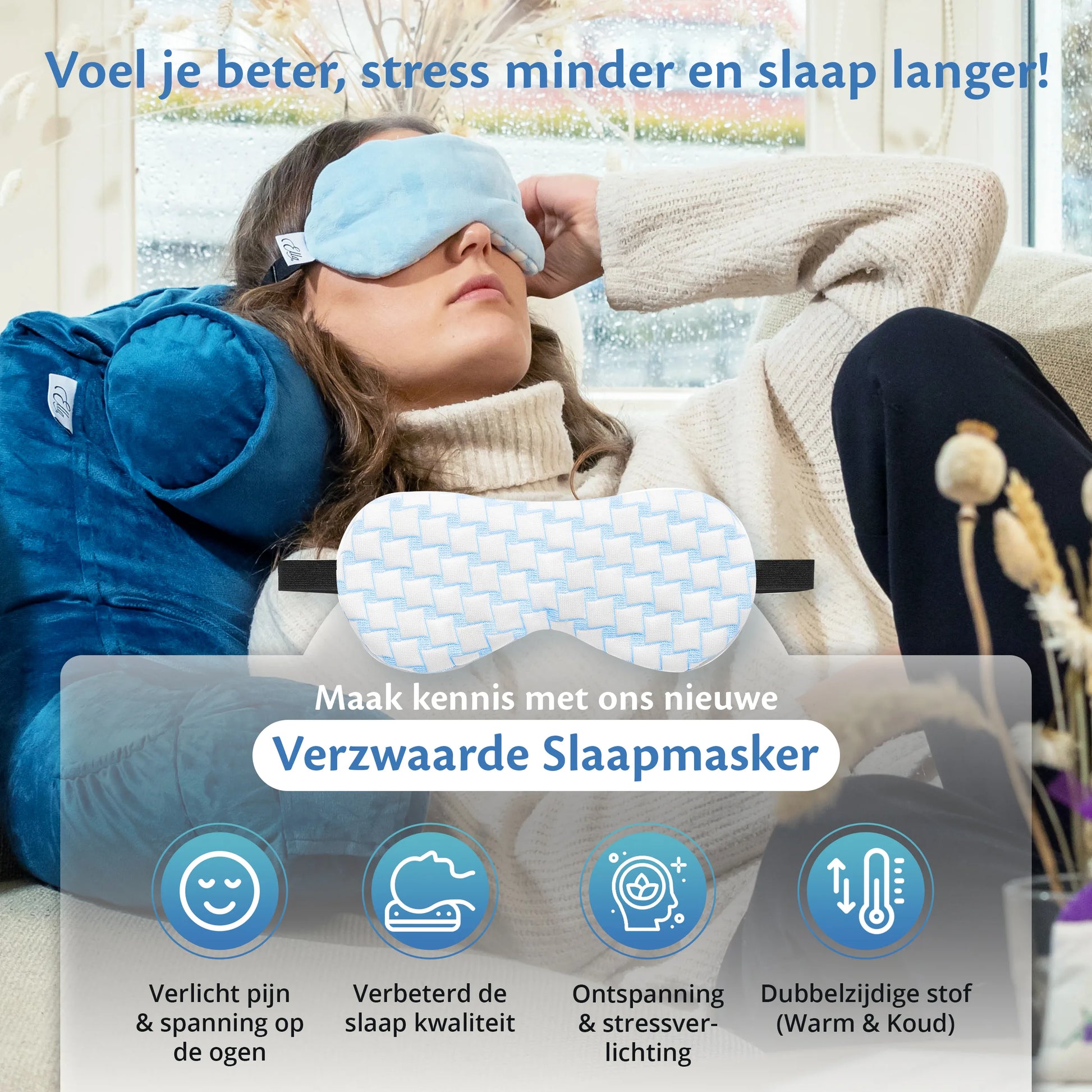 Een vrouw die slaapt met een slaapmasker, perfect voor een betere nachtrust en minder stress.