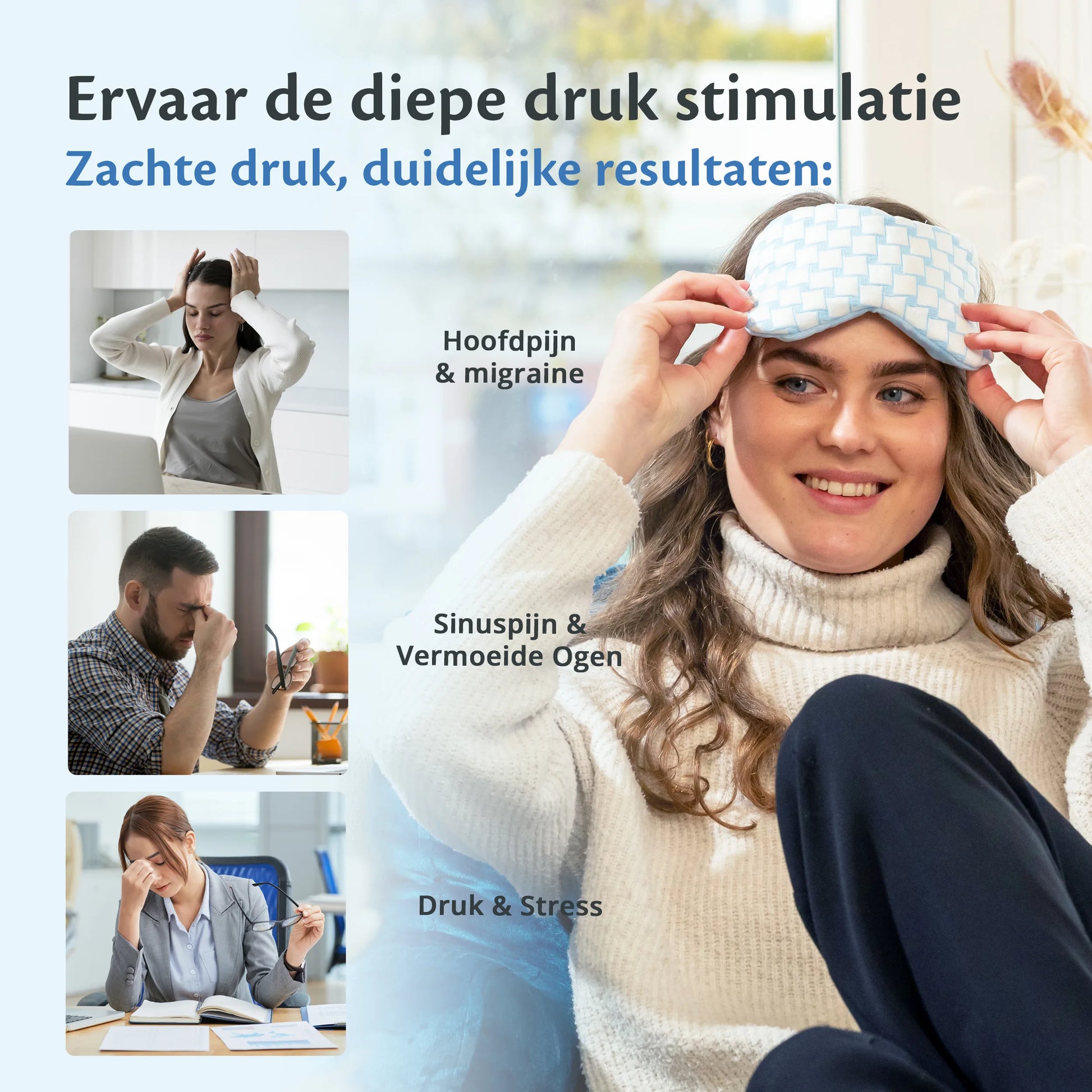 Vrouw met een slaapmasker, een perfecte voor verlichting van sinuspijn en vermoeidheid.