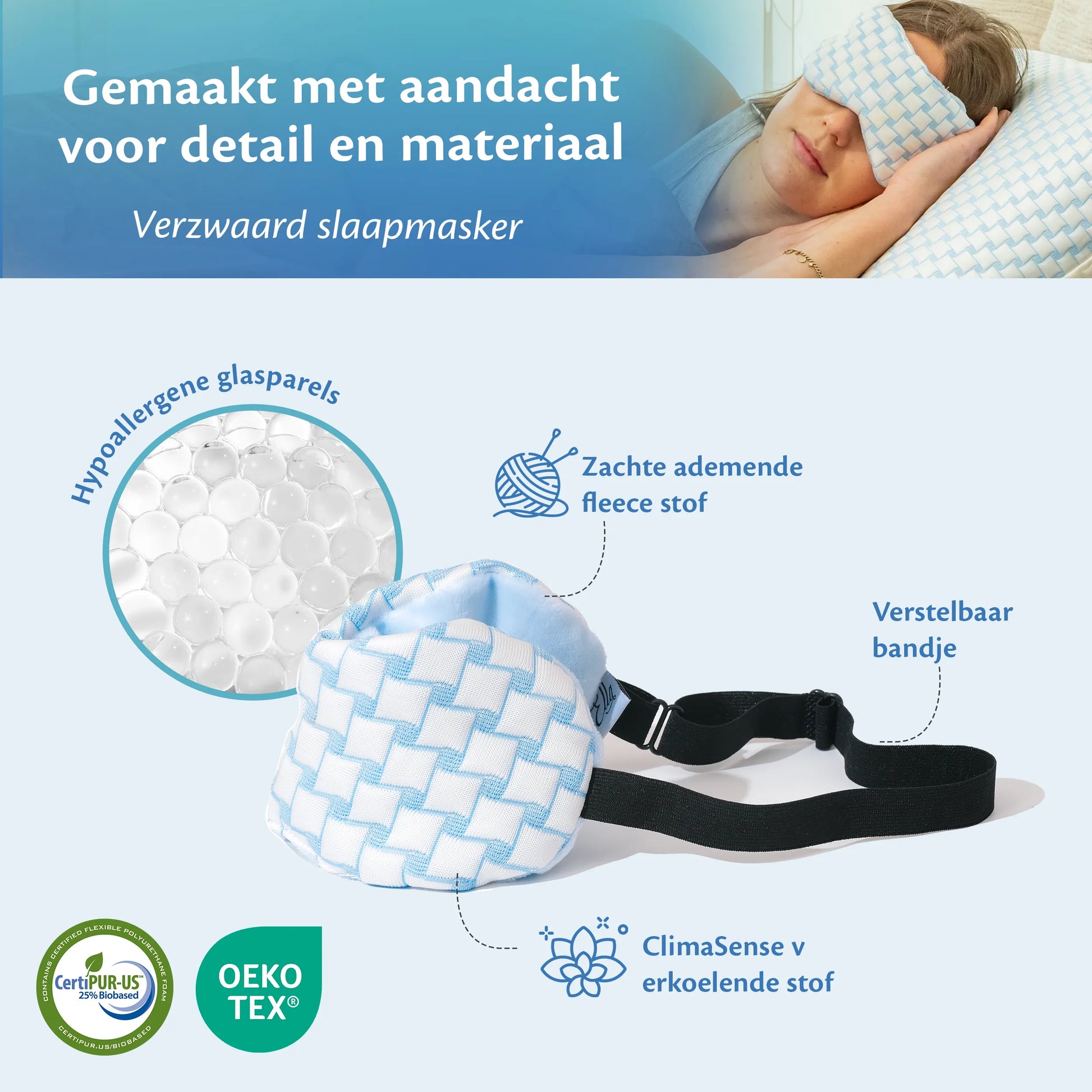 Vrouw slaapt met slaapmasker op, dat gevuld is met hypoallergene glasparels voor een comfortabele nachtrust.