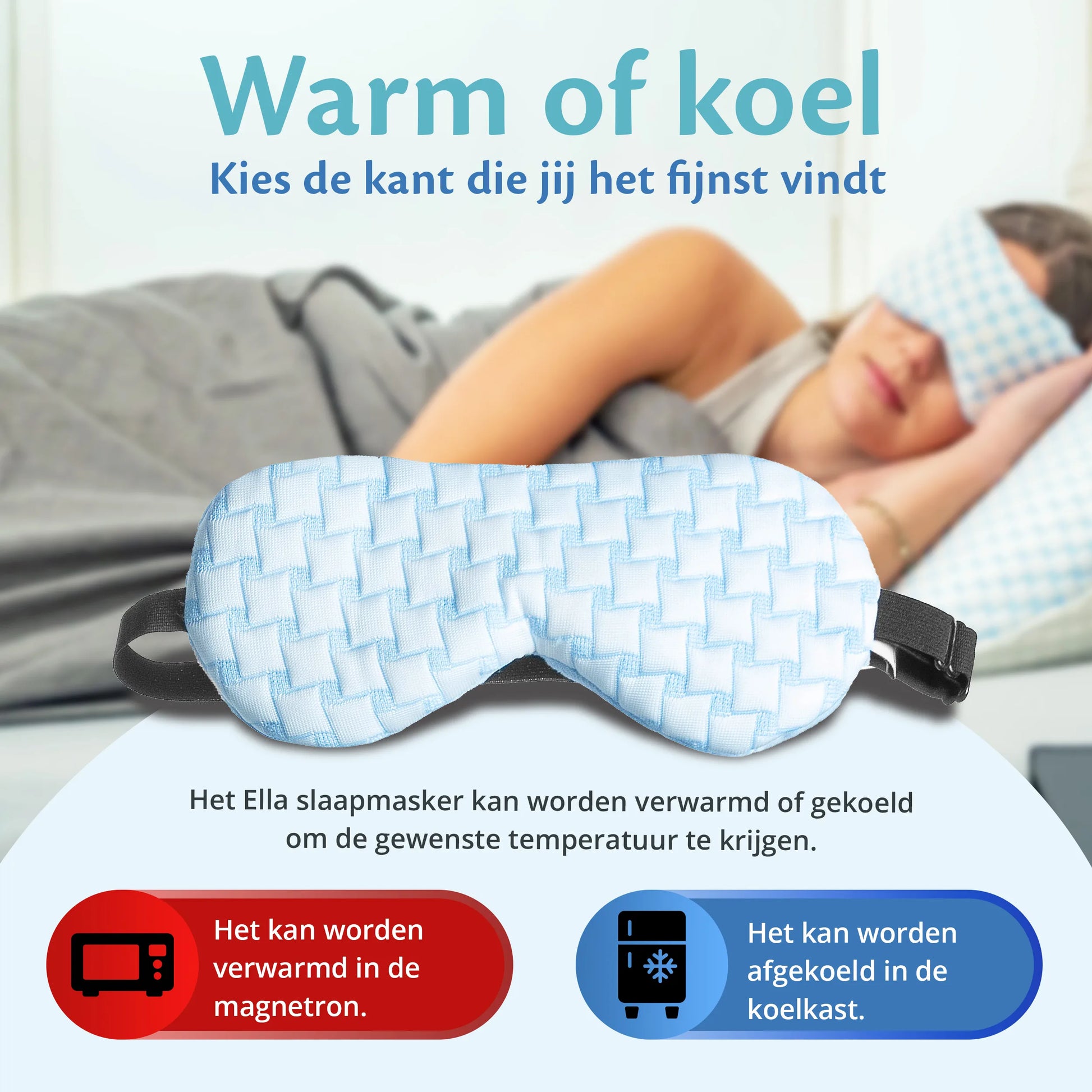 Lichtgewicht slaapmasker van Ella Verzwaard, ideaal voor een comfortabele nachtrust met verkoelende en warme stof.