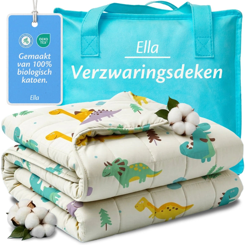 Ella Verzwaringsdeken Kind met dinosaurusprint van biologisch katoen inclusief draagtas