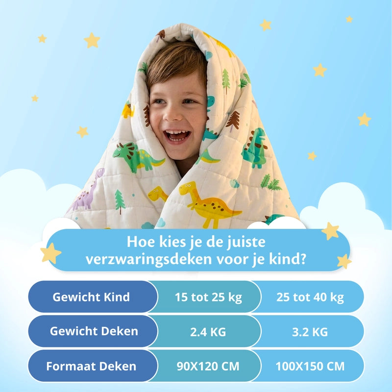 Kind gewikkeld in Ella dinosaurus verzwaringsdeken met maattabel voor kinderen