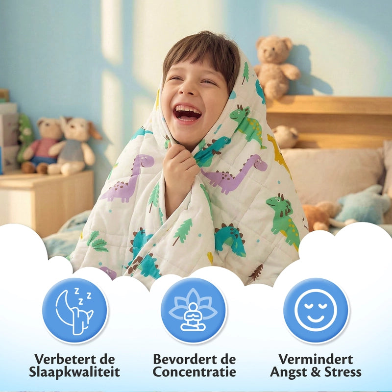 Kind onder Ella verzwaringsdeken met voordelen voor slaapkwaliteit concentratie en ontspanning