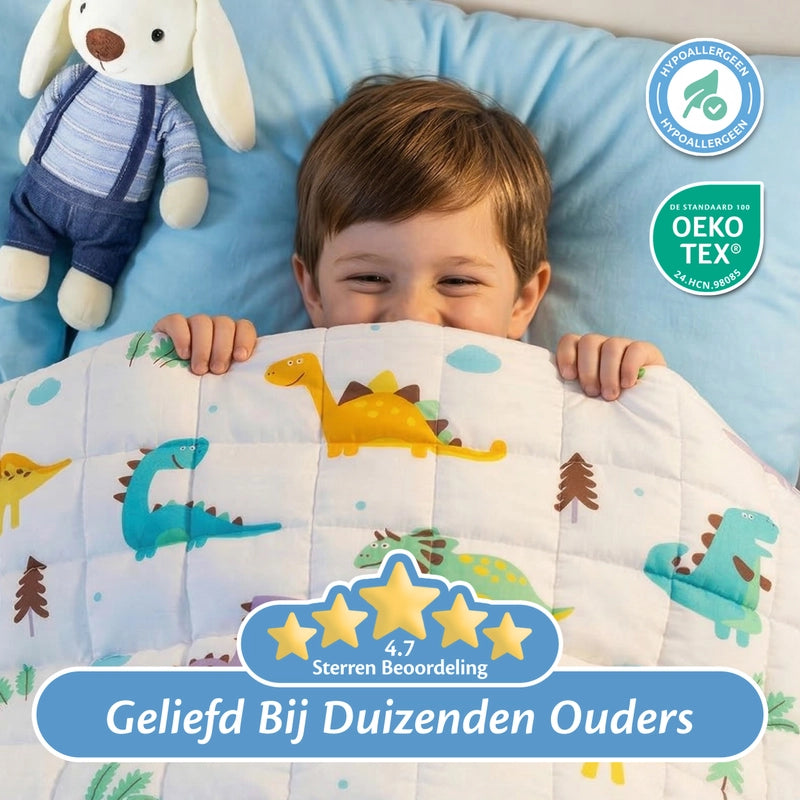 Kind onder Ella dinosaurus verzwaringsdeken met hoge klantbeoordeling en OEKO-TEX certificering