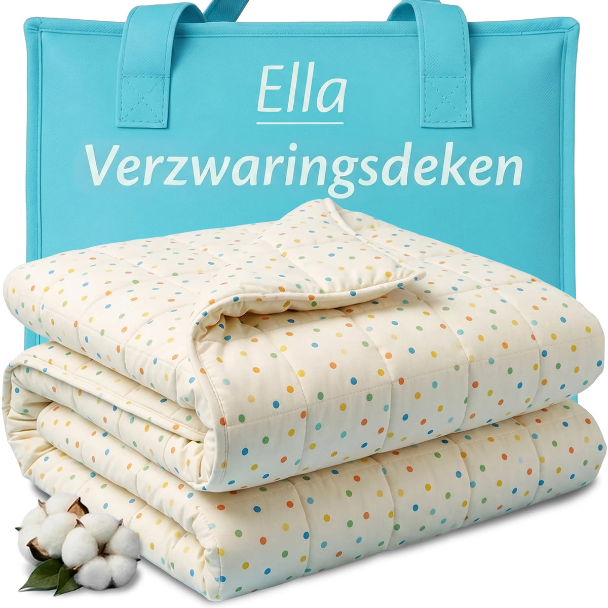 Ella verzwaringsdeken met stippenprint in crème, gevouwen naast een turquoise draagtas.