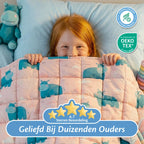 Kind onder Ella hippo verzwaringsdeken met hoge klantbeoordeling en OEKO-TEX certificering