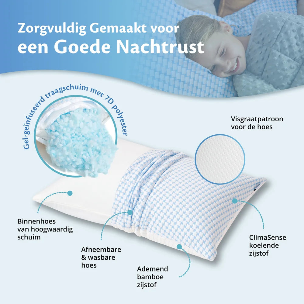 Ella kinderkussen met gel infused traagschuim, ademende bamboe zijstof en afneembare wasbare hoes.