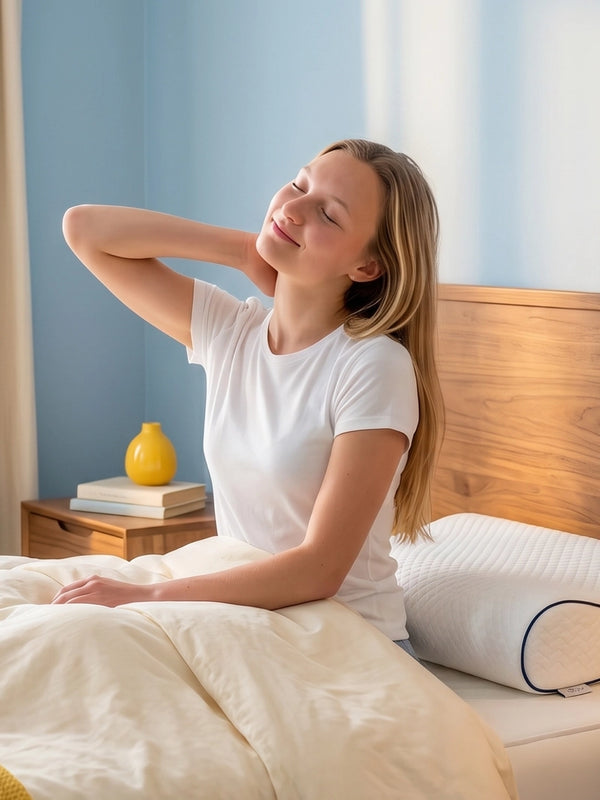 Vrouw houdt haar nek vast naast een Ella hoofdkussen op bed.