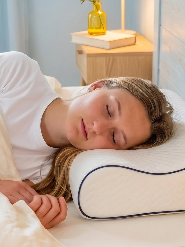 Vrouw slaapt op een ergonomisch Ella hoofdkussen met golvende vorm.