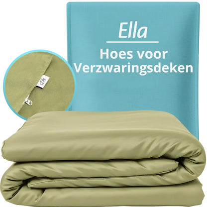 Ella hoes voor verzwaringsdeken in licht olijfgroen, close-up van rits en label.