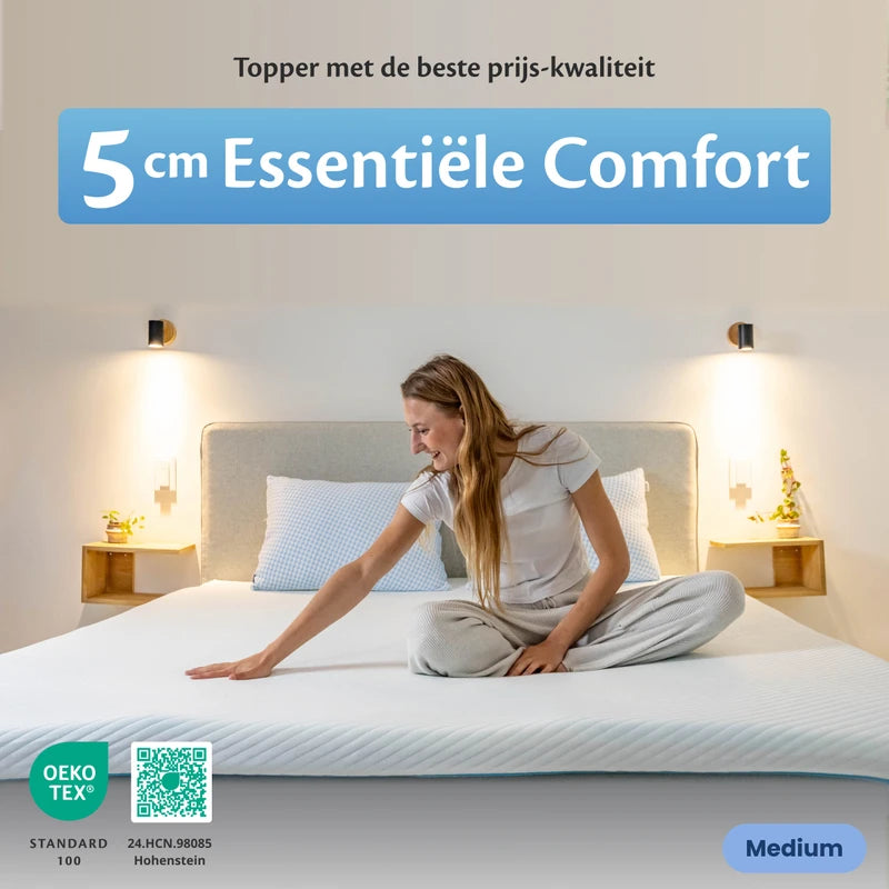 Ella 5 cm Essentiële Comfort Matrastopper op bed, medium liggevoel en beste prijs-kwaliteit voor extra slaapcomfort.
