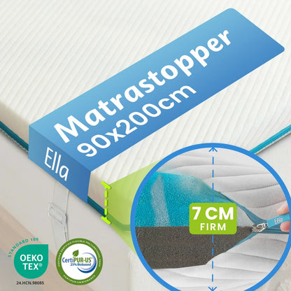 Ella Matrastopper 90x200 cm met 7 cm dikte in stevige uitvoering, OEKO-TEX en CertiPUR-US certificering, met ondersteunende schuimlagen voor extra slaapcomfort.