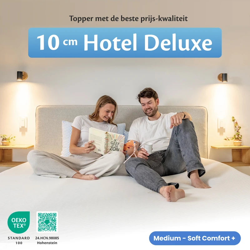 Ella 10 cm Hotel Deluxe matrastopper op bed, medium-soft comfort plus liggevoel en premium prijs-kwaliteit voor luxe slaapcomfort.