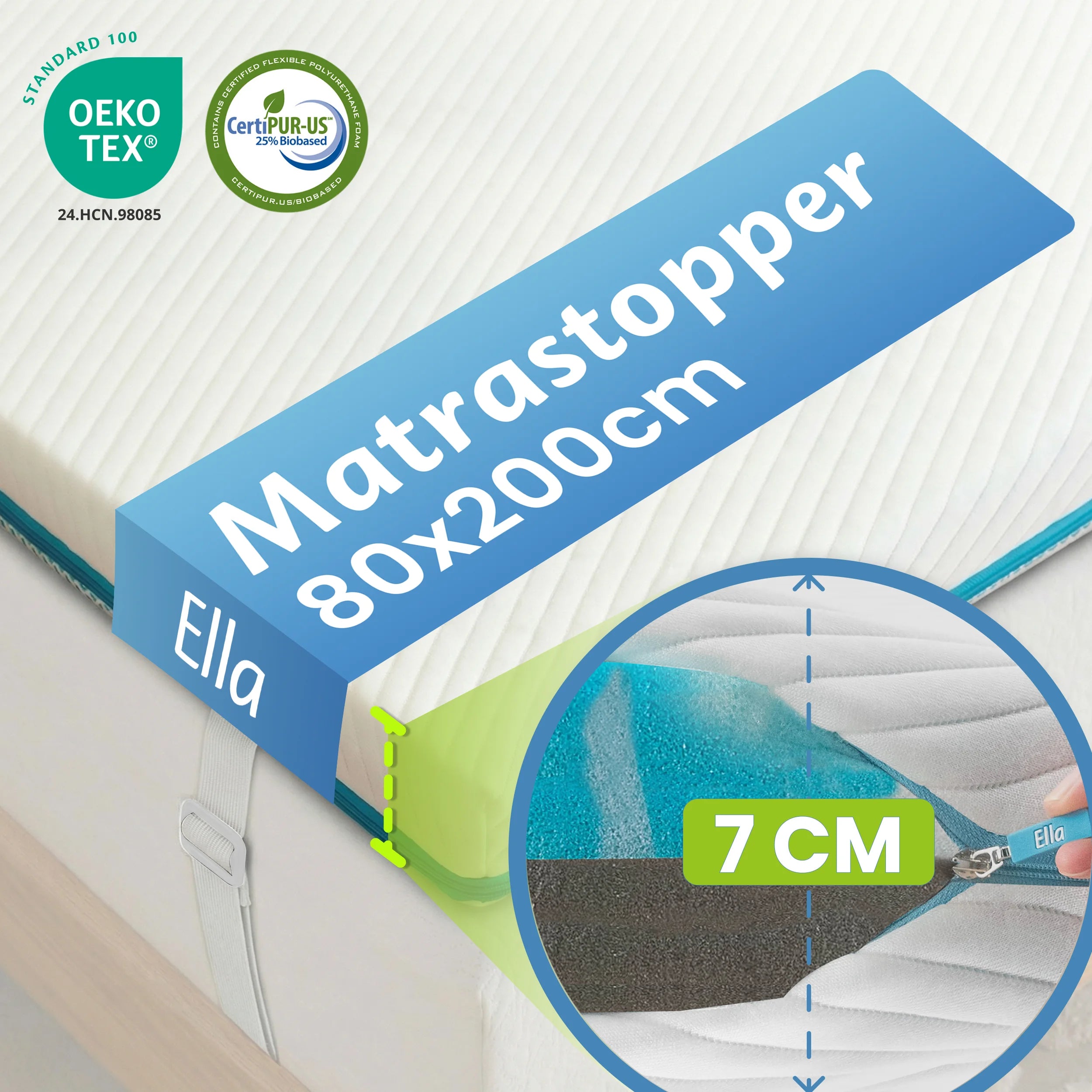 Ella matrastopper 80x200 cm met 7 cm dikte, OEKO-TEX en CertiPUR-US certificering, met comfortabele opbouw en ondersteunende schuimlagen.