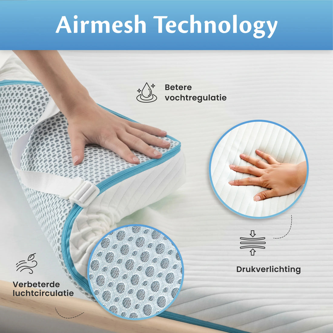 Close-up van de Airmesh-technologie van de Ella Matrastopper, met betere vochtregulatie en luchtcirculatie
