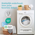 Infographic: hoes van de Ella koeldeken is machinewasbaar op 30 graden, met OEKO-TEX en TENCEL stof.