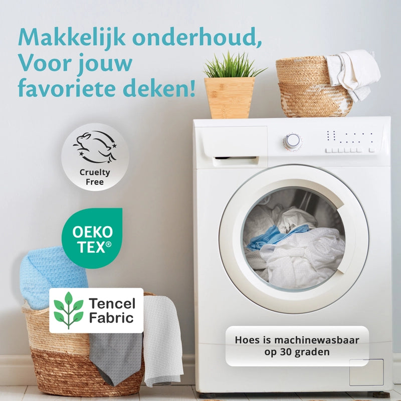 Infographic: hoes van de Ella koeldeken is machinewasbaar op 30 graden, met OEKO-TEX en TENCEL stof.
