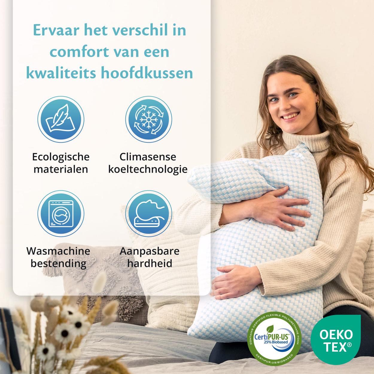 Comfortabel hoofdkussen van memory foam, perfect voor ondersteuning tijdens de slaap en het bevorderen van een goede houding.