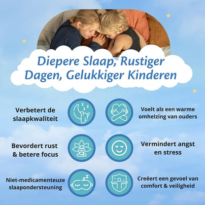 Twee kinderen knuffelen onder een verzwaringsdeken, met icoontjes die voordelen van diepe druk uitleggen.