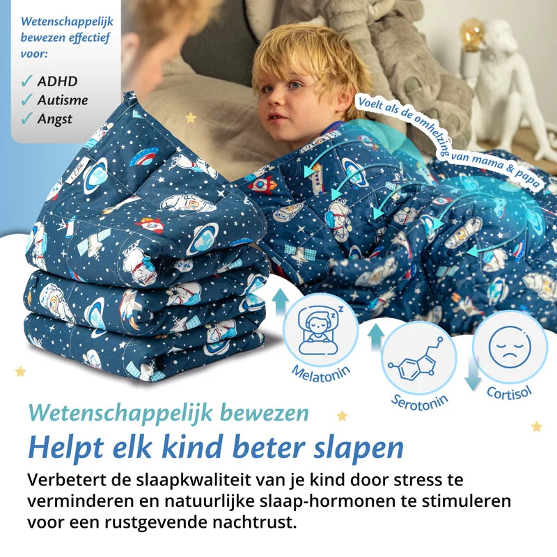 Kind ligt onder een Ella verzwaringsdeken met Space-print, met tekst over ADHD, autisme en angst.
