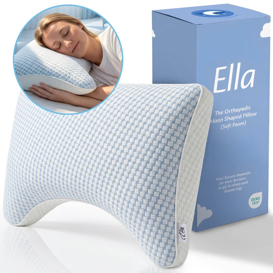 Ella Moon Hoofdkussen voor zijslapers – maanvormig ergonomisch kussen met blauwe bamboe hoes en OEKO-TEX gecertificeerde verpakking