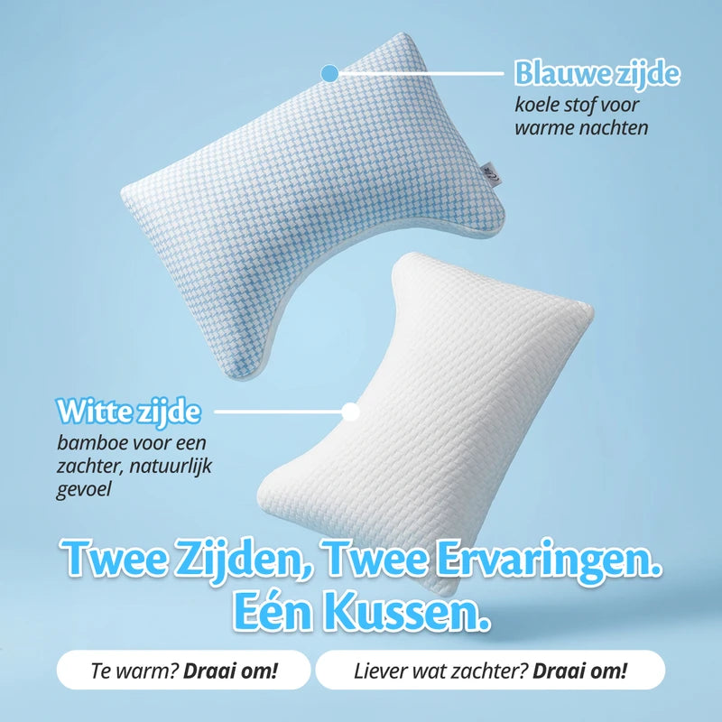 Ella Moon Hoofdkussen met twee zijden: verkoelende blauwe stof voor warme nachten en zachte witte bamboekant voor een natuurlijk gevoel