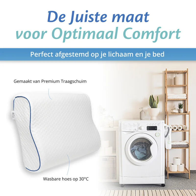 Orthopedisch kussen naast wasmachine met tekst over premium traagschuim en wasbare hoes.