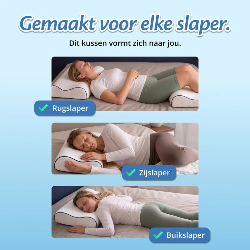 Infographic: het Ella hoofdkussen vormt zich naar rug-, zij- en buikslapers.