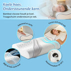 Infographic: koele bamboe hoes en ondersteunende traagschuimkern van het Ella hoofdkussen.