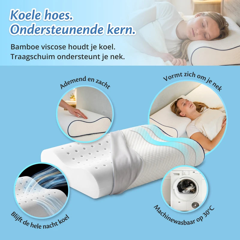 Infographic: koele bamboe hoes en ondersteunende traagschuimkern van het Ella hoofdkussen.