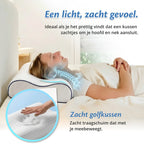 Infographic: het zachte Ella golfkussen met een licht gevoel, met slapende vrouw.
