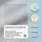 Close-up van het geweven wafelpatroon van de grijze Ella Koeldeken in 100% TENCEL stof, gemaakt van eucalyptushout — vochtafvoerend, hypoallergeen en kreukelvri