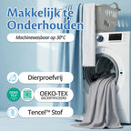 Grijze Ella Koeldeken bij een wasmachine, machinewasbaar op 30°C — OEKO-TEX gecertificeerd, gemaakt van TENCEL stof en dierproefvrij