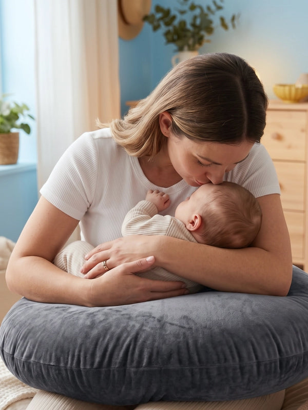 Moeder houdt haar baby vast op het grijze Ella zwangerschapskussen.