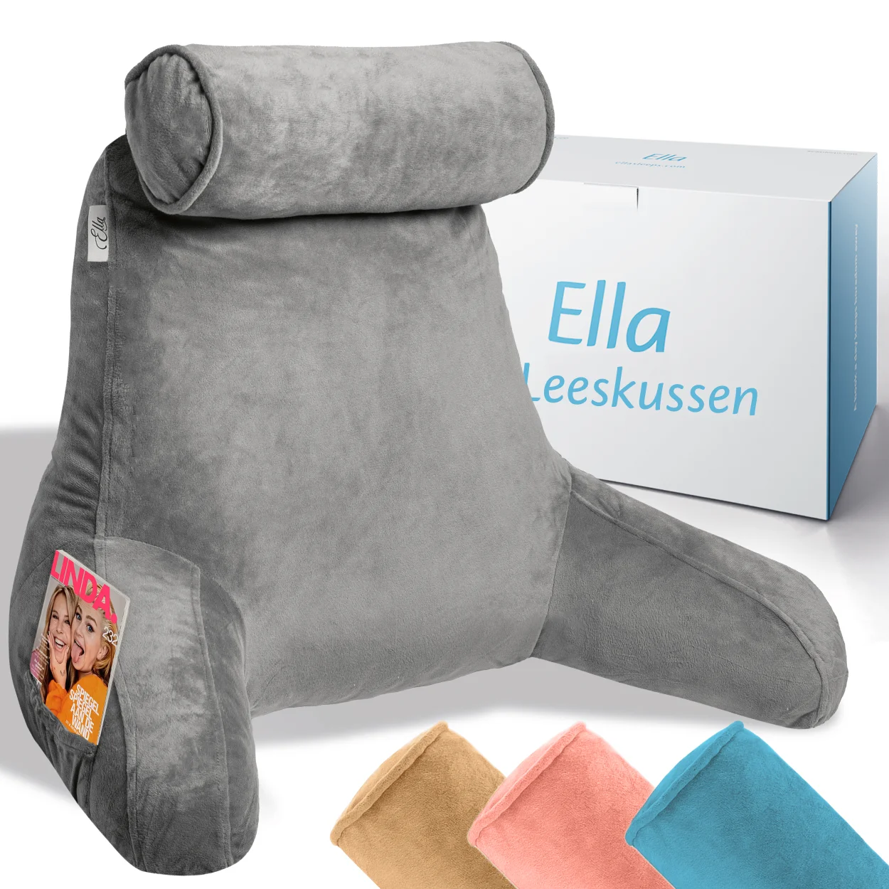 Donkergrijs leeskussen met een comfortabele vorm, ideaal voor ontspannen lezen of studeren.