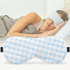 A woman sleeping with a blue Ella Weighted sleep mask, perfect for a good night's rest and relaxation.