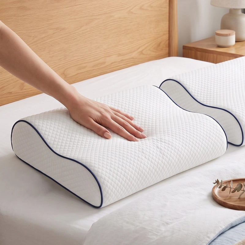 Hand drukt op het ergonomische Ella hoofdkussen met golvende vorm.
