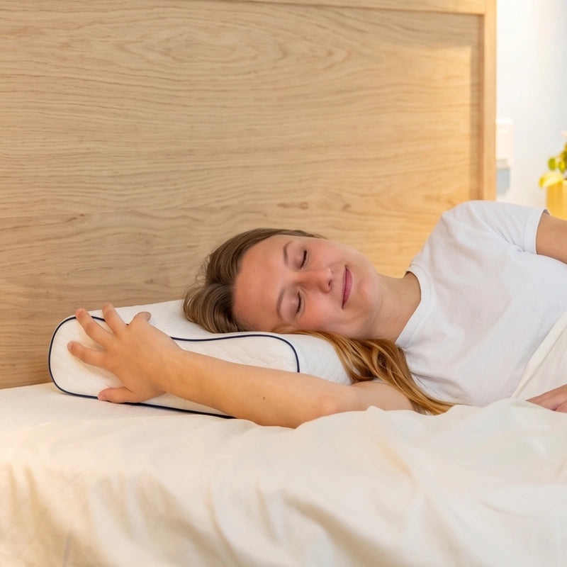 Vrouw slaapt rustig op een ergonomisch Ella hoofdkussen.