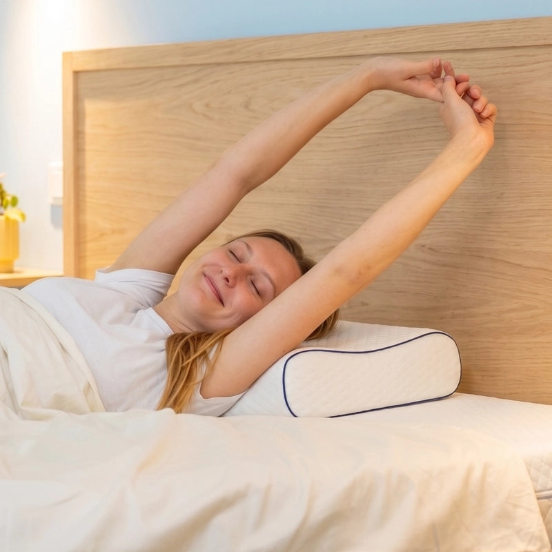 Vrouw wordt uitgerust wakker en rekt zich uit bij een Ella hoofdkussen.