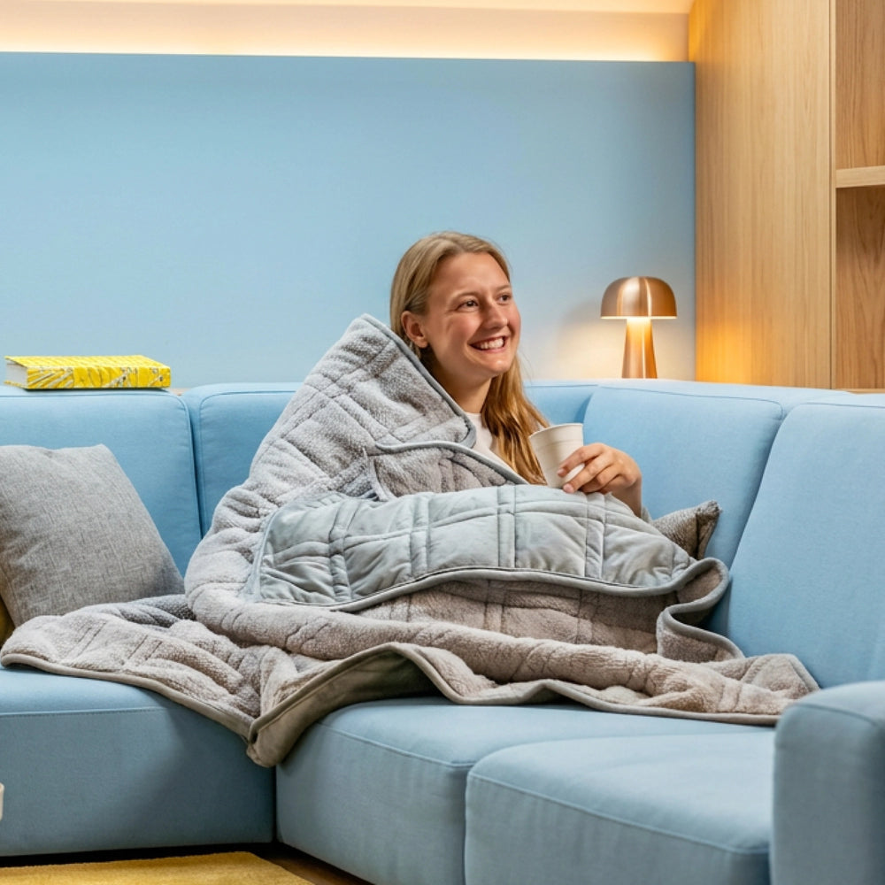 Lachende vrouw op een blauwe bank gewikkeld in een grijze verzwaringsdeken.