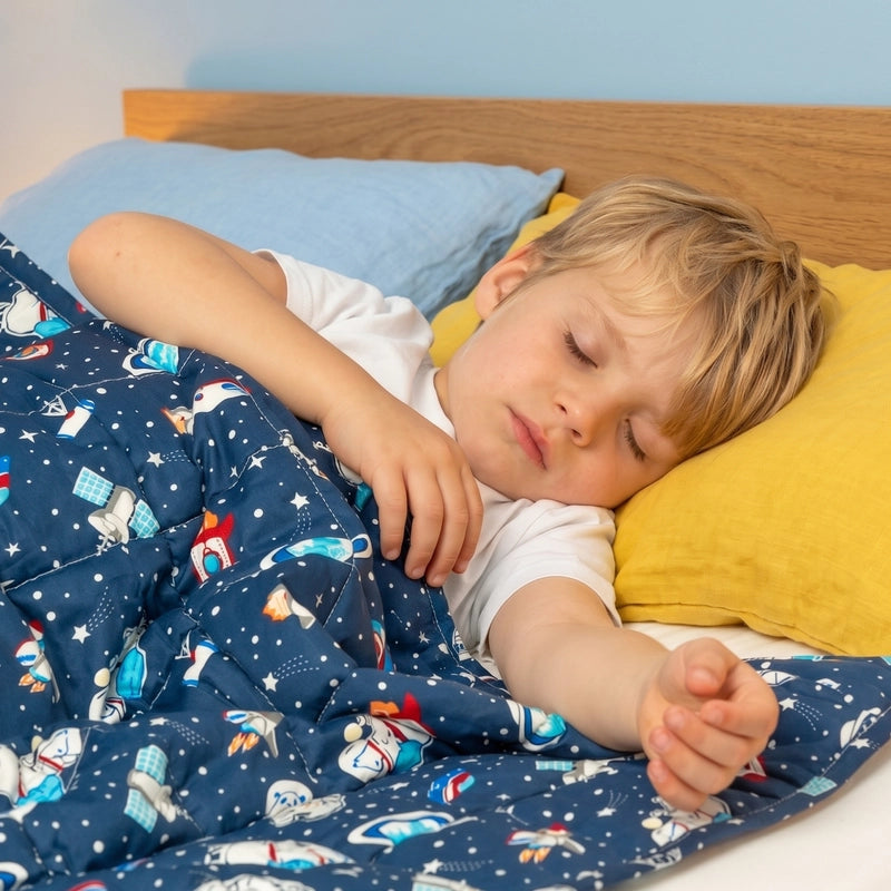 Kind slaapt vredig op zij onder een donkerblauwe kinderverzwaringsdeken met ruimteprint.