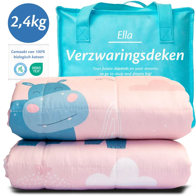 Een roze verzwaringsdeken van 2,4 kg met een schattig roze hippo-print, perfect voor kinderen.