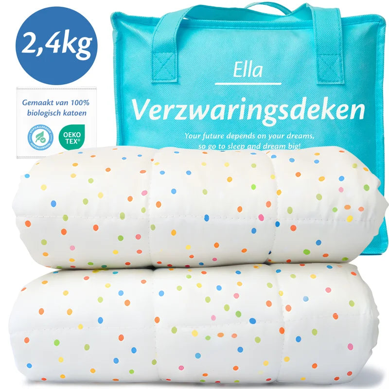 Ella verzwaringsdeken 2,4 kg in polka-dots design met draagtas, gemaakt van 100% biologisch katoen en OEKO-TEX gecertificeerd.